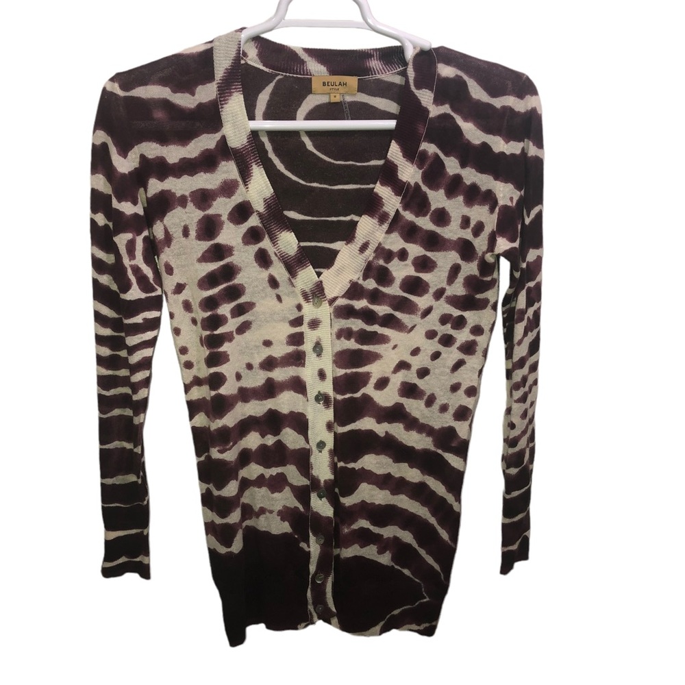 Beulah style button front cardigan size Medium cream and eggplant